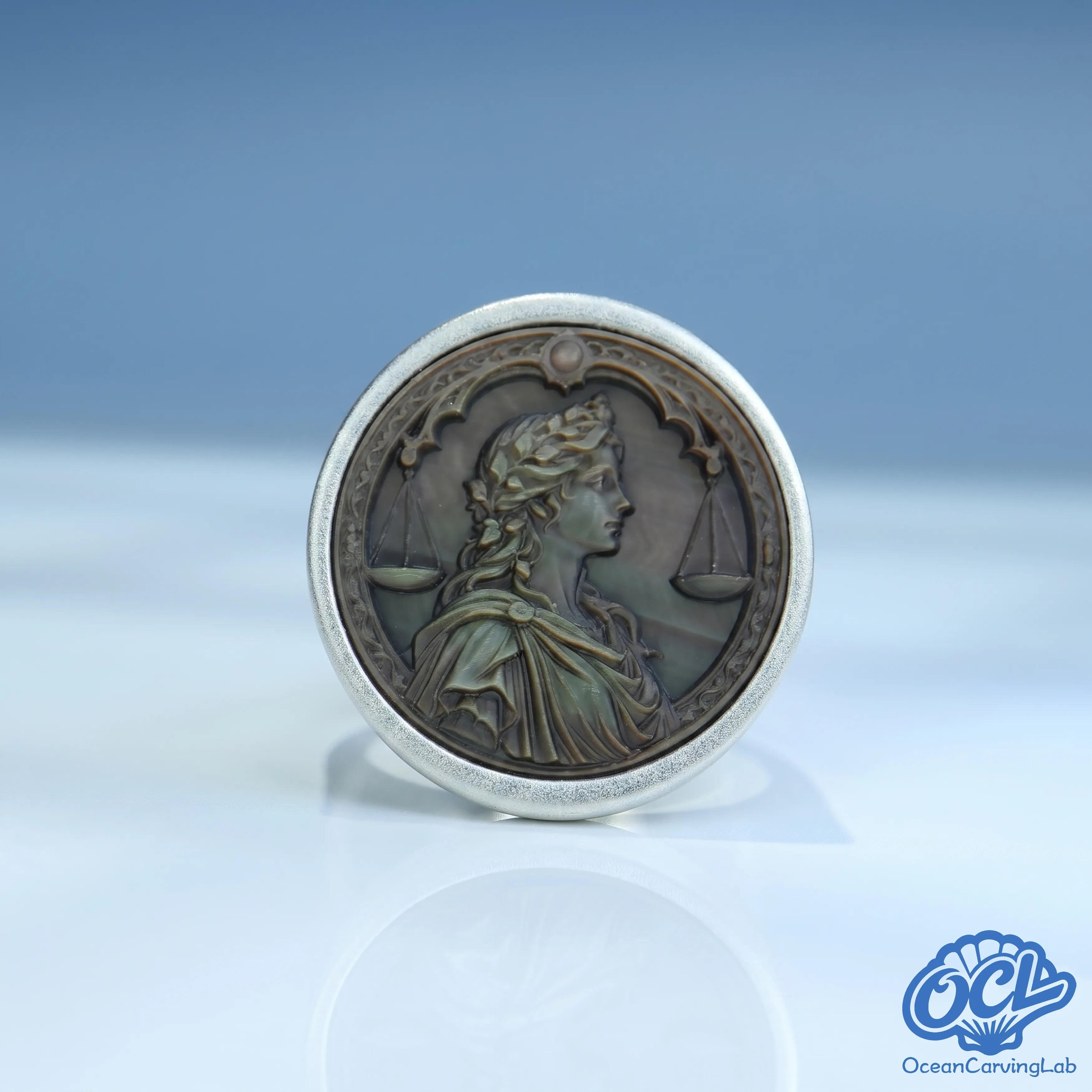 Libra scales zodiac ring, 24k gold plated brass with a 17mm white mother of pearl disc.