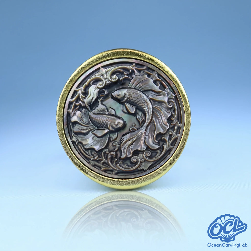 Pisces fishes zodiac ring, 24k gold plated brass with a 17mm black mother of pearl disc.