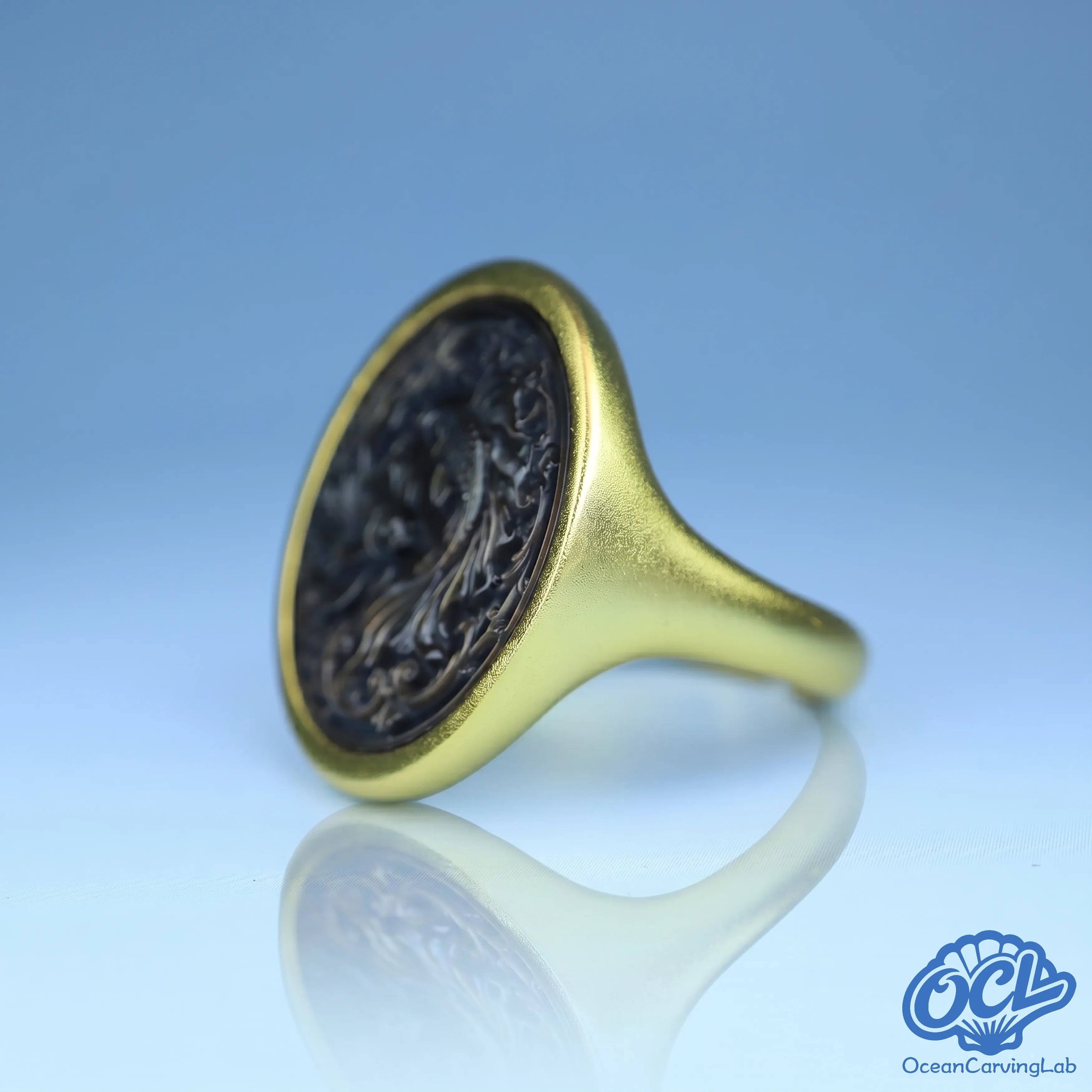 Mystical Pisces fishes figure engraved on iridescent black shell using precision CNC technology.