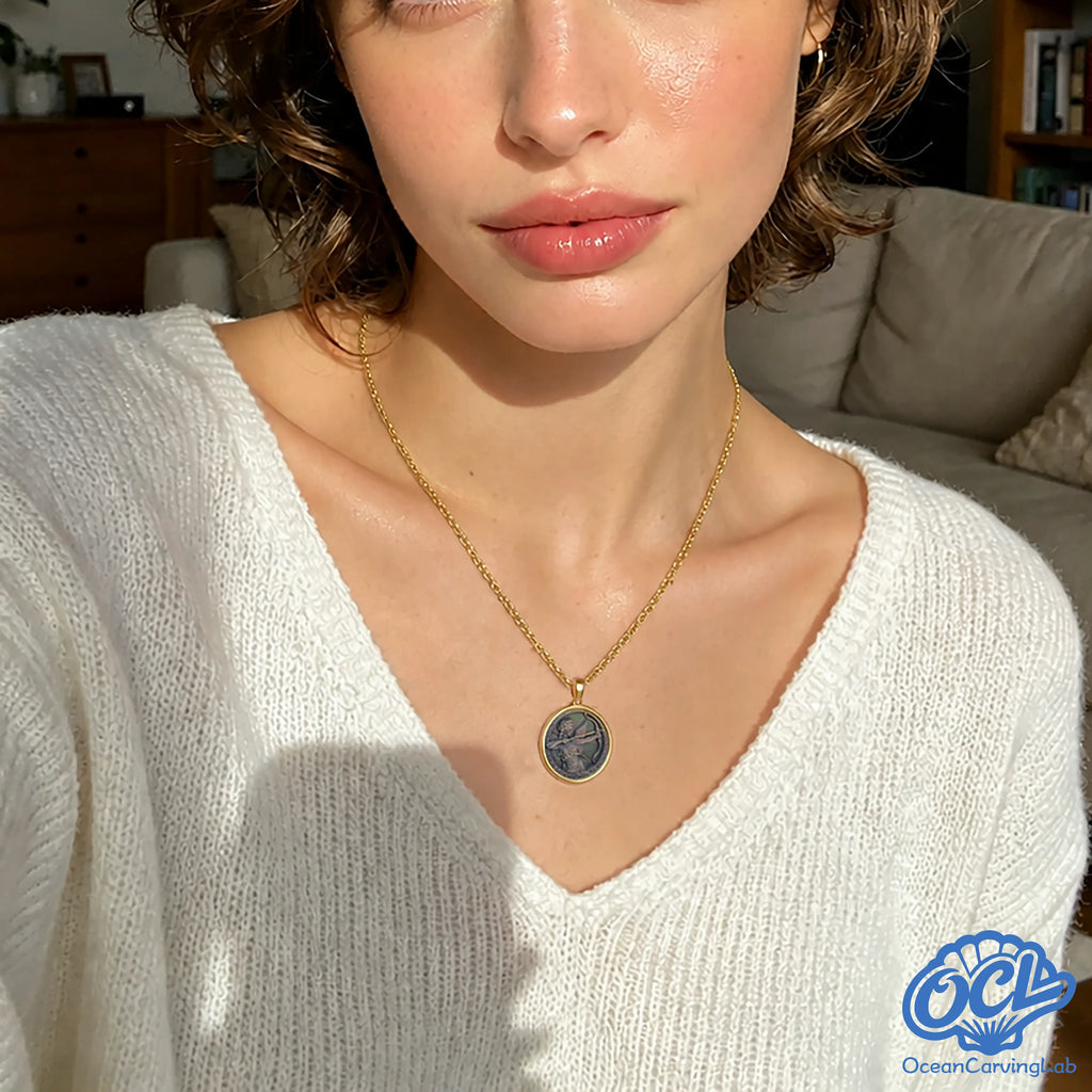 Manufacturing a Sagittarius necklace: from 3D modeling to manual shell inlaying.