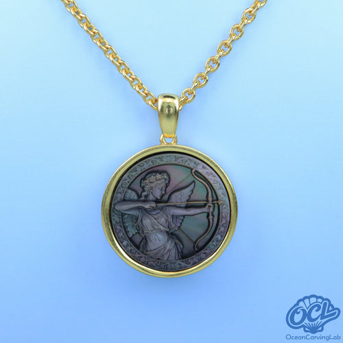Sagittarius constellation necklace, 24k gold plated brass with a 20mm black mother of pearl pendant.