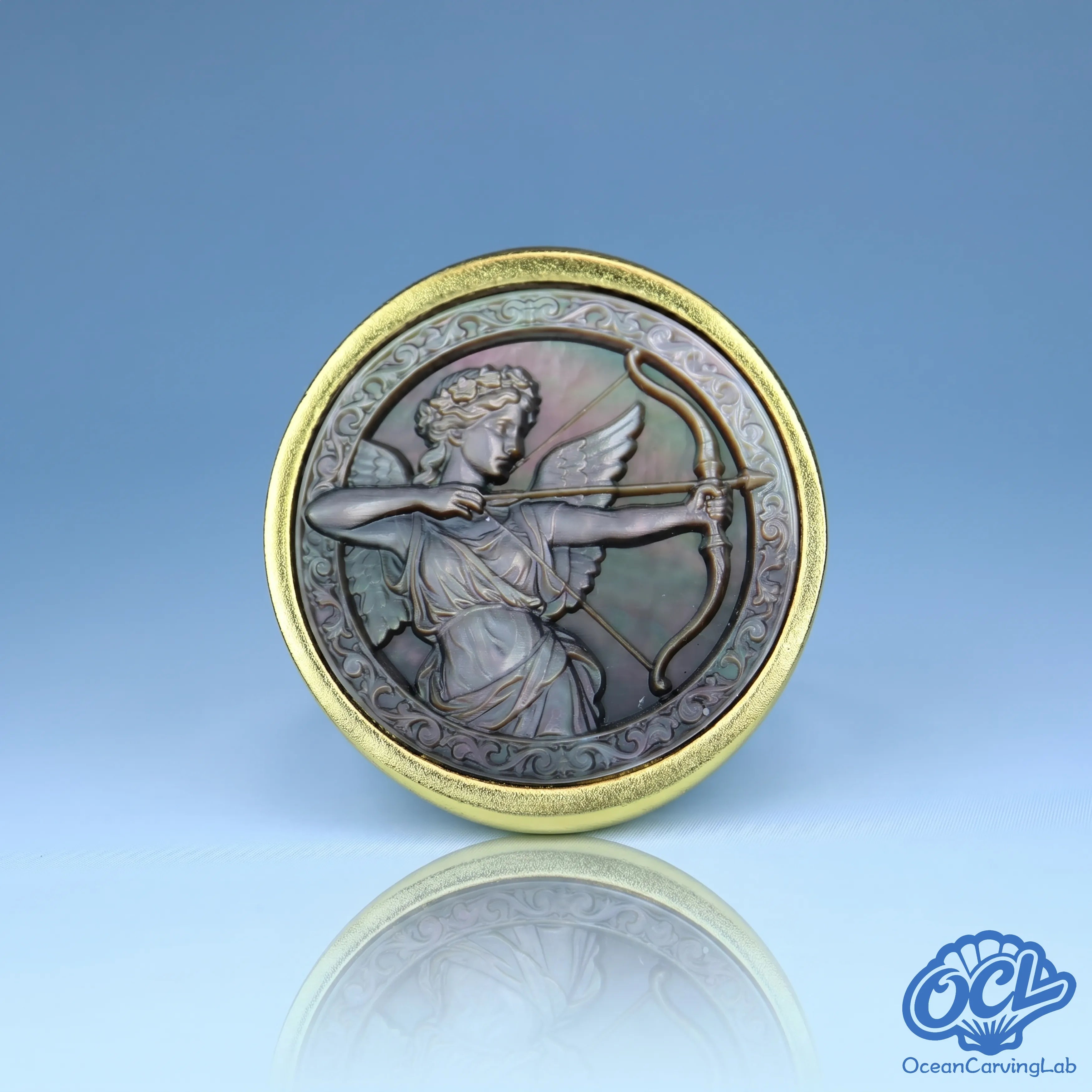 Sagittarius archer zodiac ring, 24k gold plated brass with a 17mm white mother of pearl inlay.