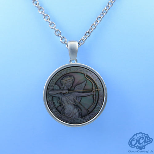 Detailed Sagittarius archer figure on black iridescent nacre, reflecting deep rainbow light.