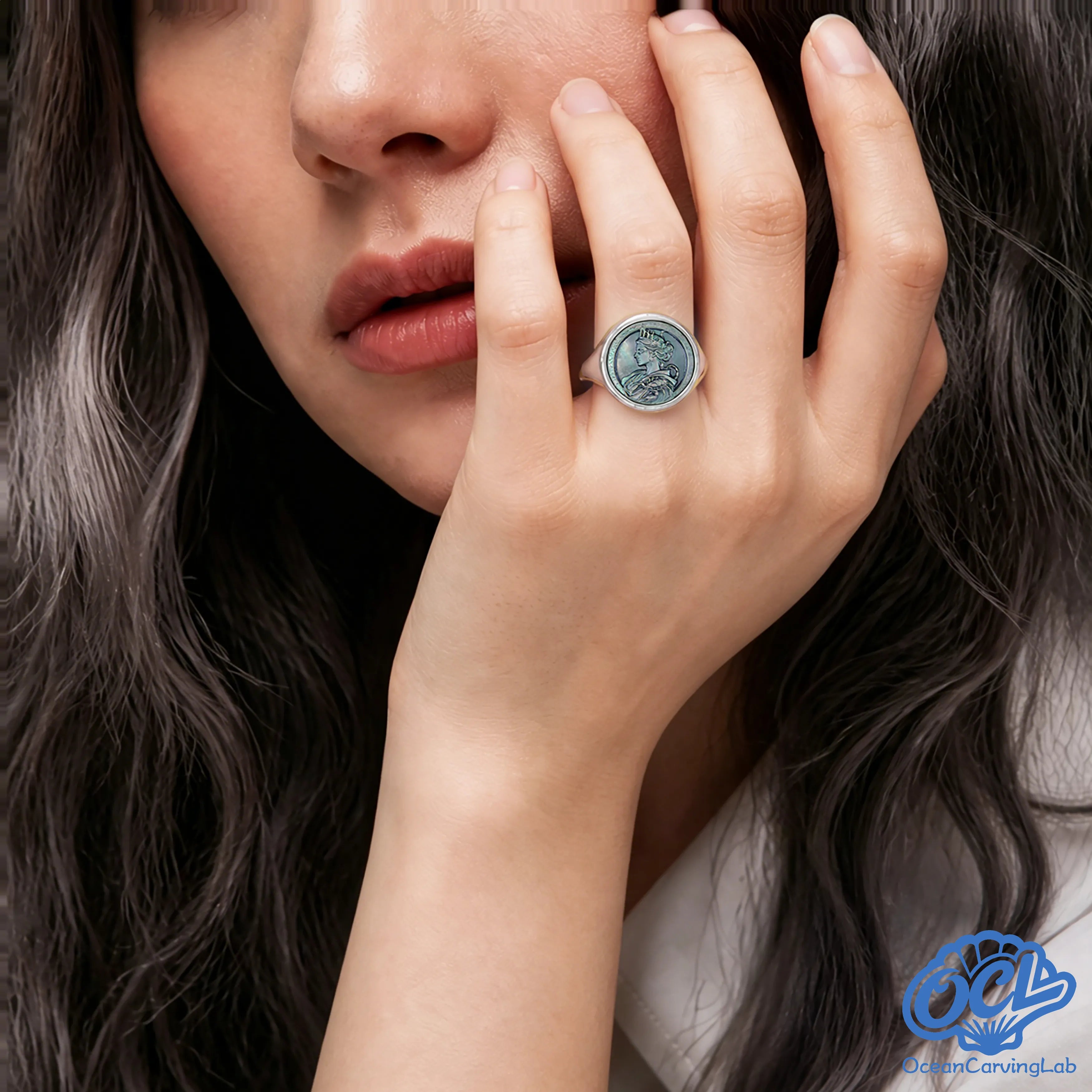 Edgy Scorpio statement ring on a finger, radiating a bold and magnetic allure.