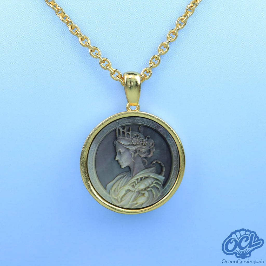 Scorpio constellation necklace, 24k gold plated brass with a 20mm white mother of pearl disc.