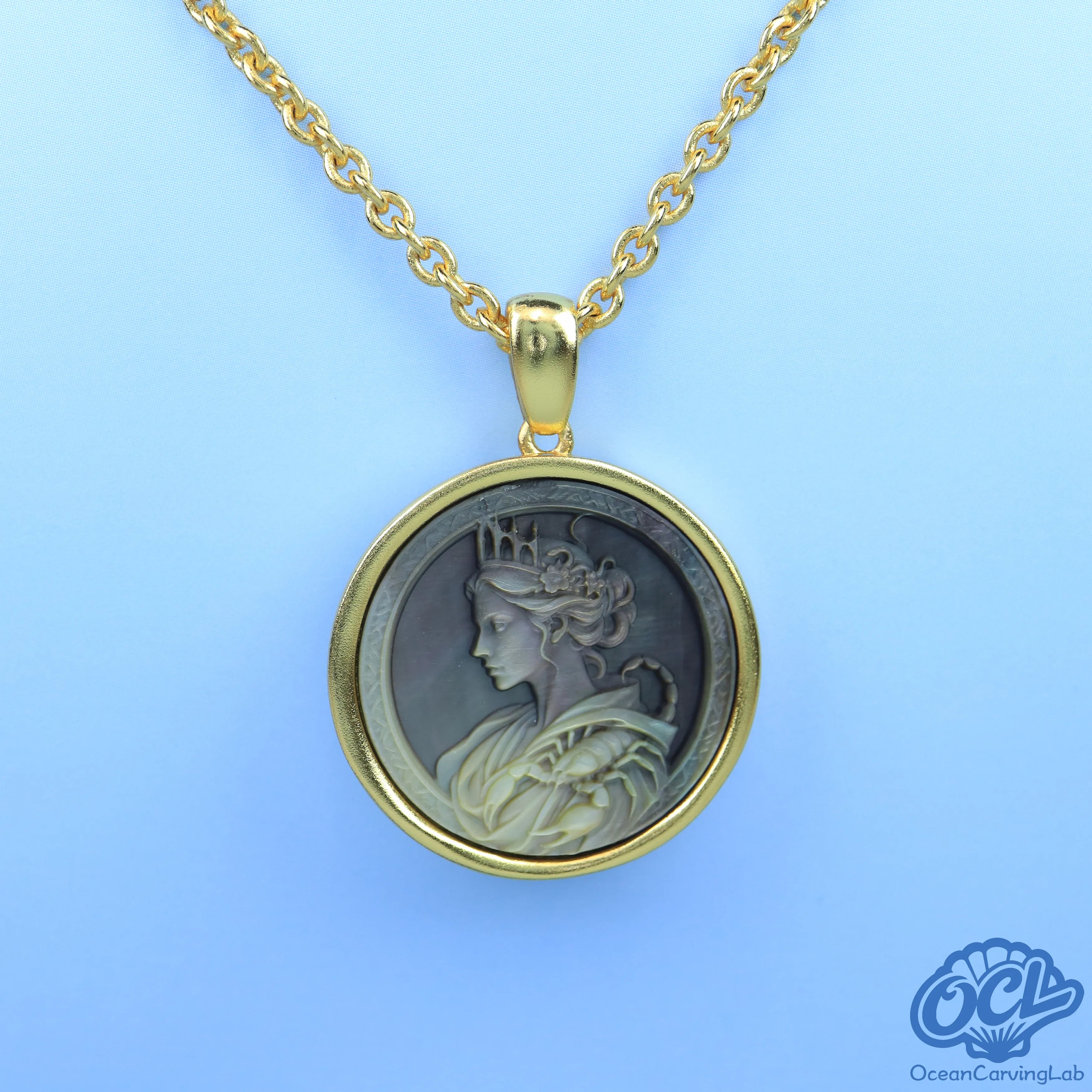 Scorpio constellation necklace, 24k gold plated brass with a 20mm white mother of pearl disc.