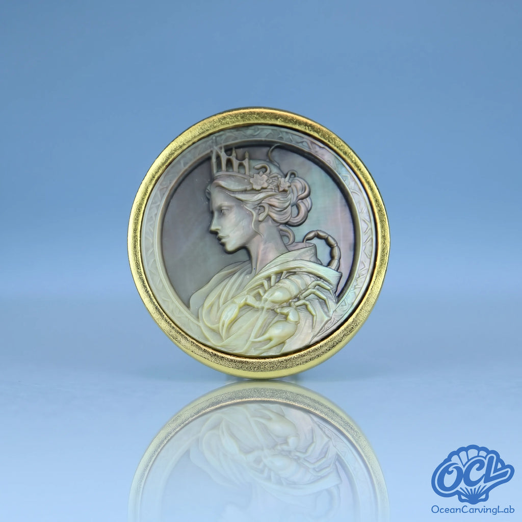 Scorpio scorpion zodiac ring, 24k gold plated brass with a 17mm black mother of pearl disc.