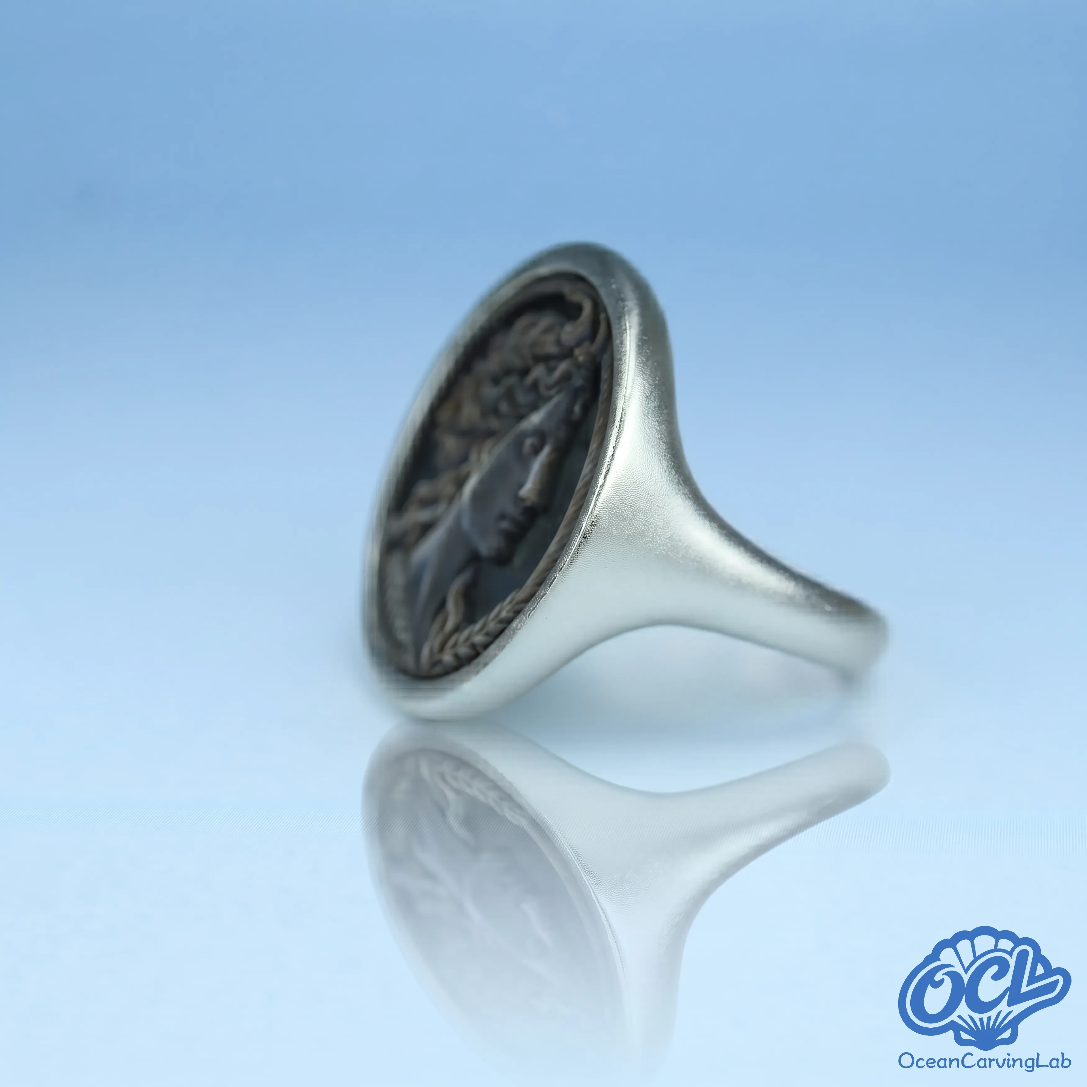 Heavy gold-plated ring with a mirror-polished finish and smooth nacre textures.