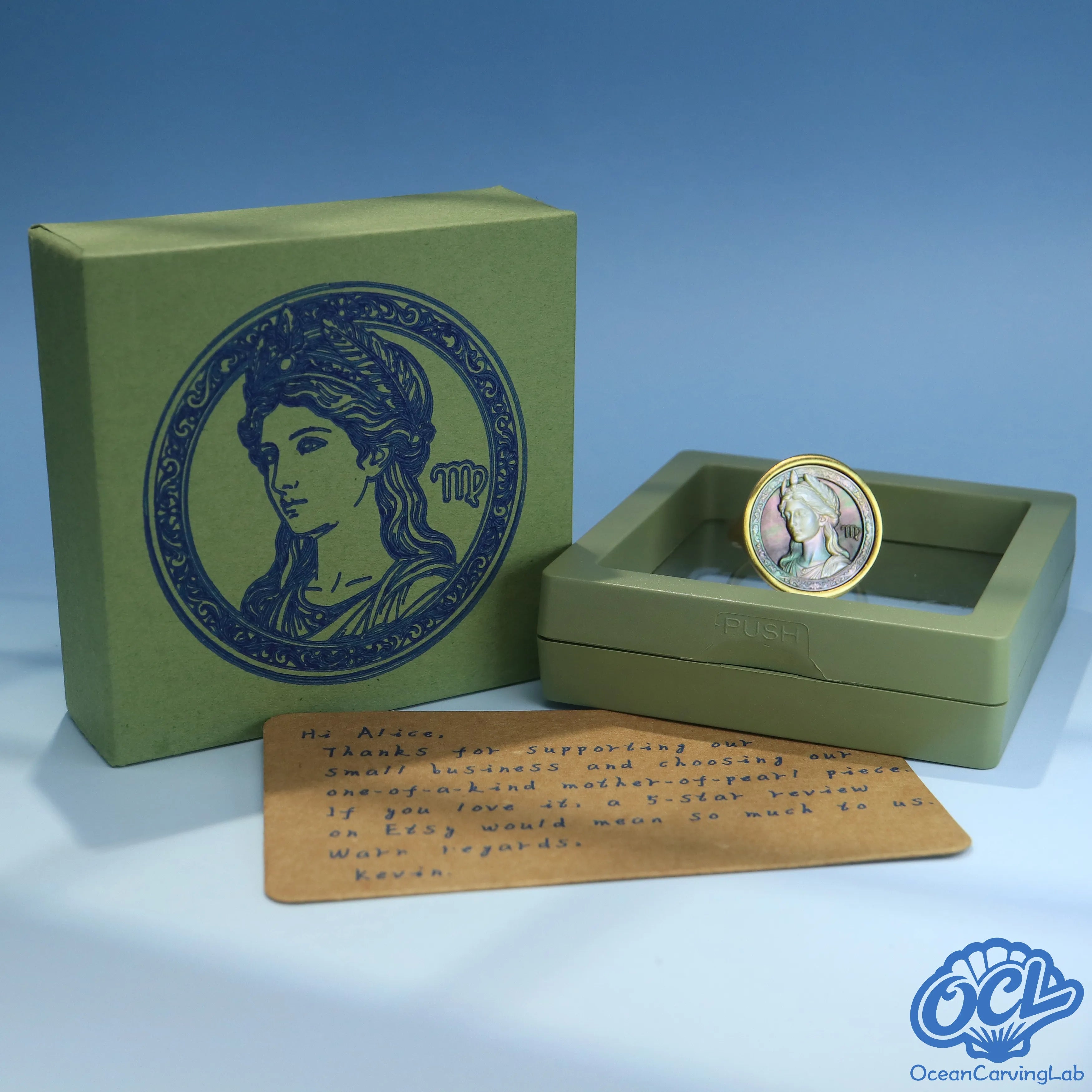 Bespoke Virgo ring with a hand-written thank you note and attention to artisanal detail.