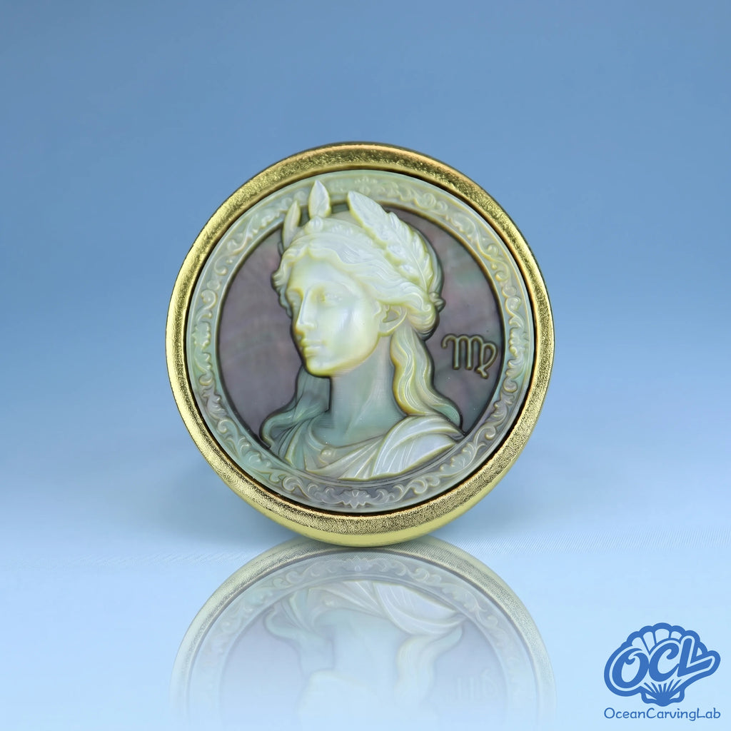 Virgo maiden zodiac ring, 24k gold plated brass with a 17mm white mother of pearl disc.