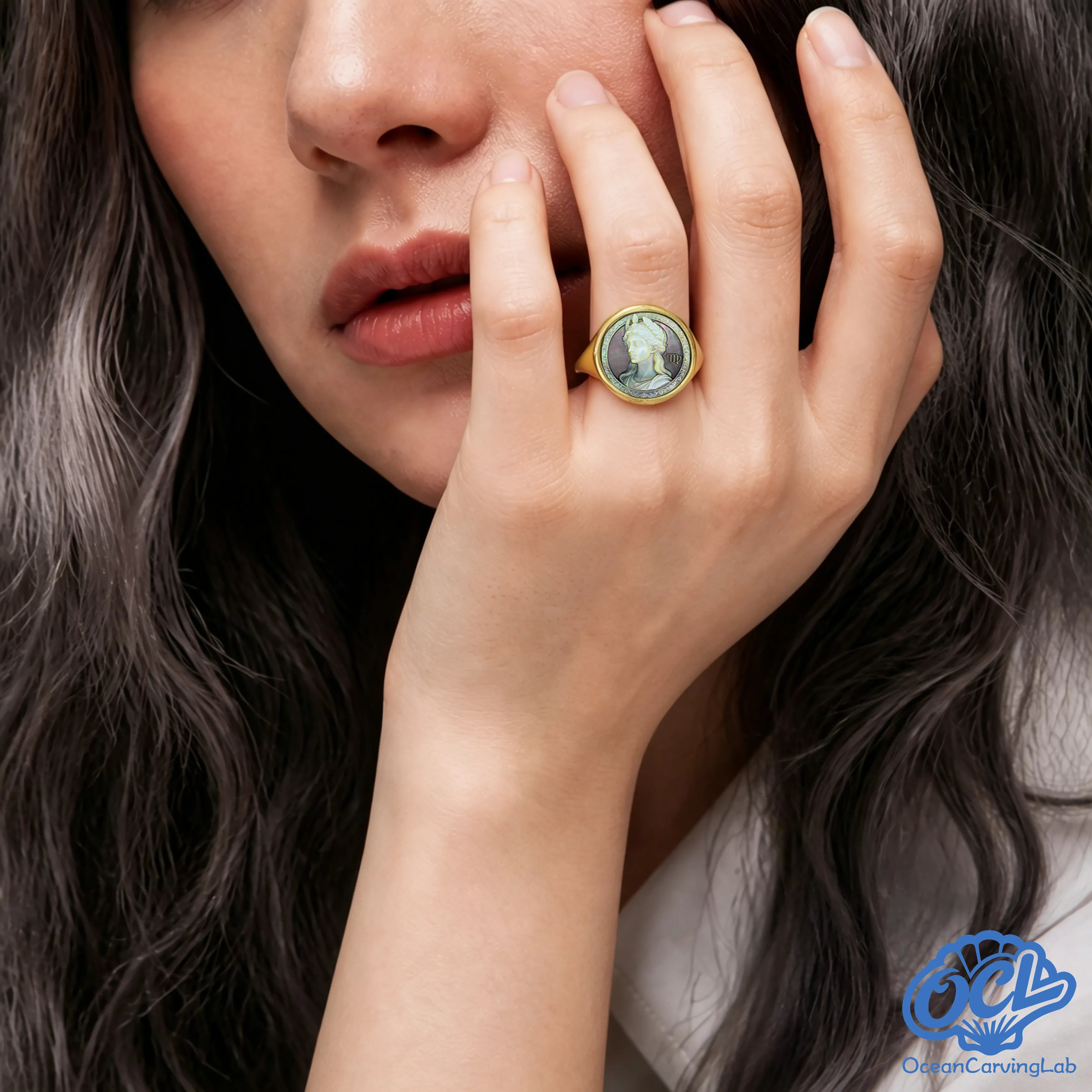 Precision CNC engraved Virgo symbol on a 17mm round natural shell for refined jewelry.