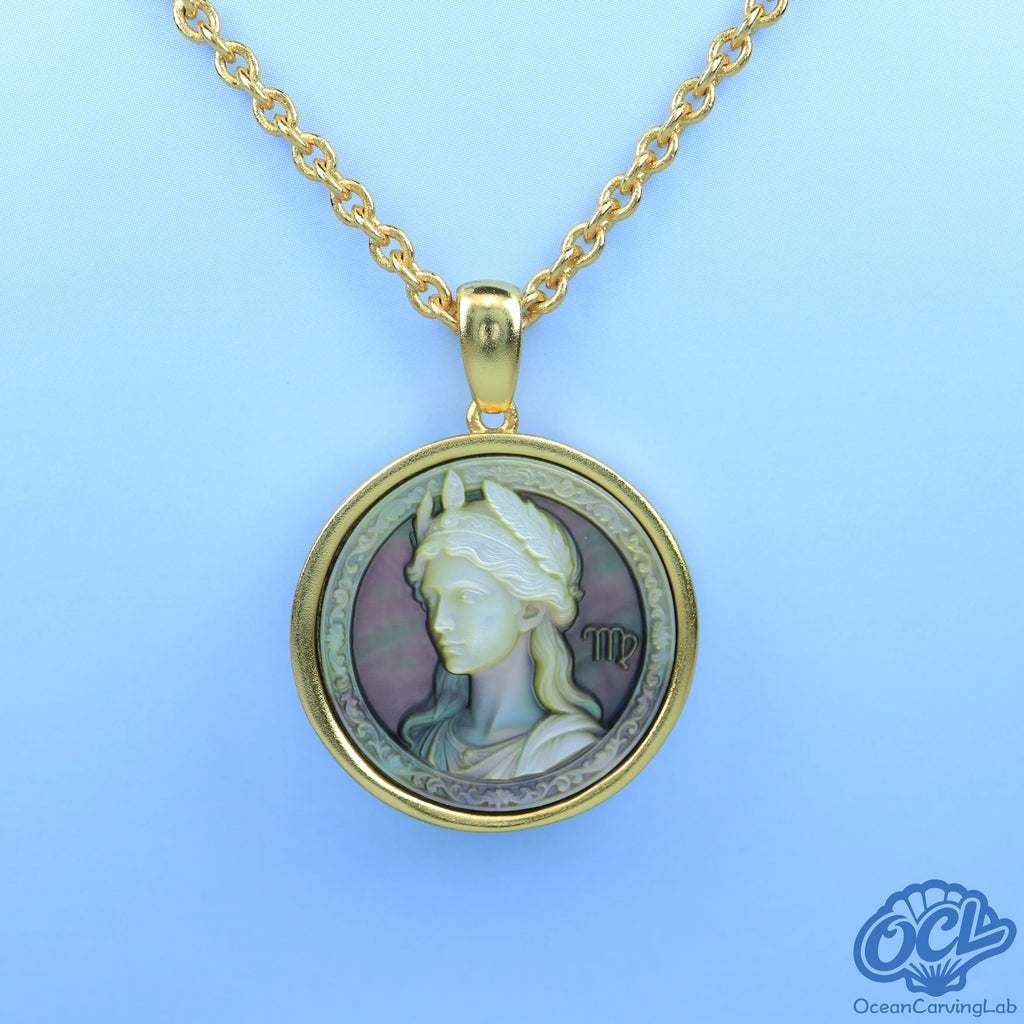 Virgo constellation necklace, 24k gold plated brass with a 20mm black mother of pearl pendant.
