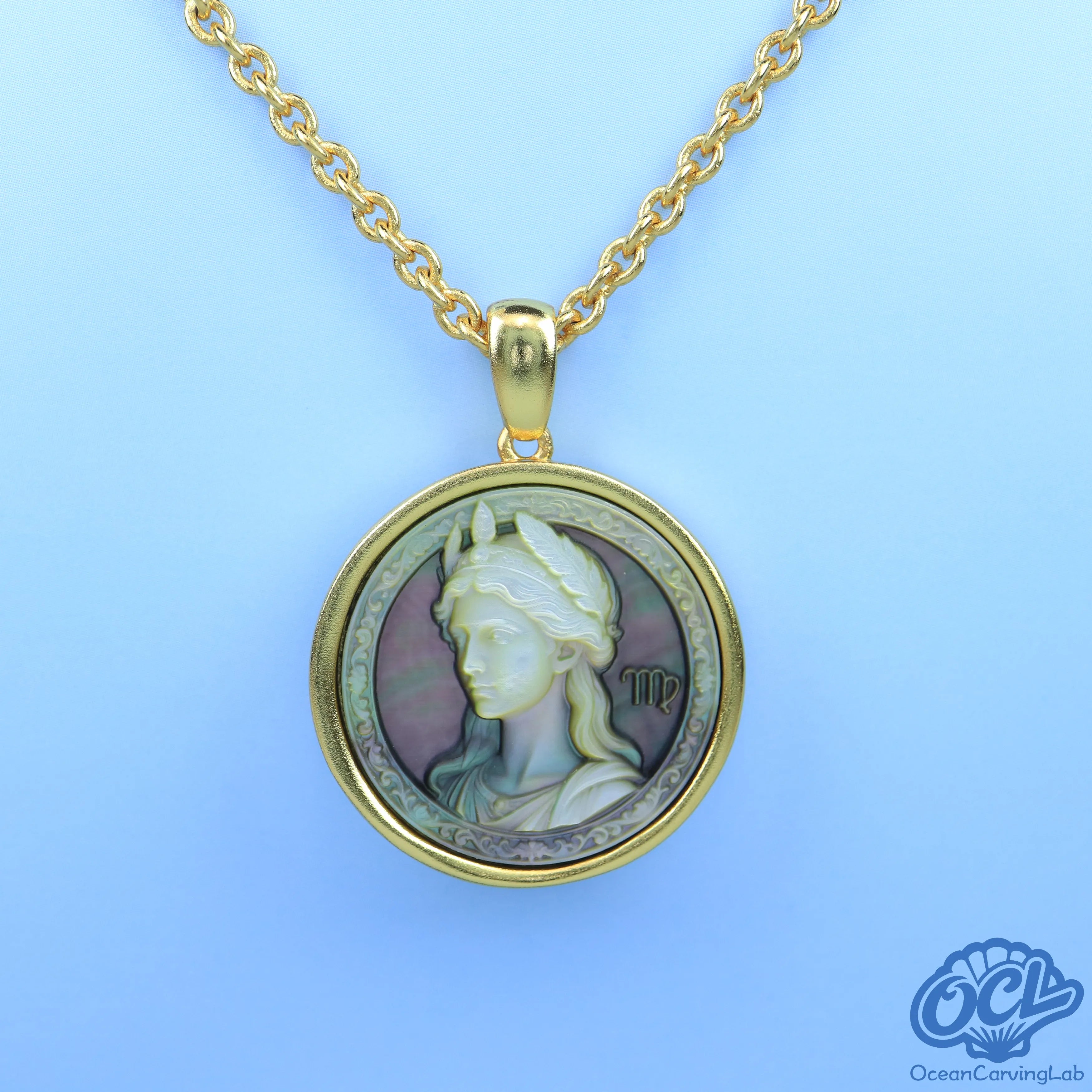 Virgo constellation necklace, 24k gold plated brass with a 20mm black mother of pearl pendant.