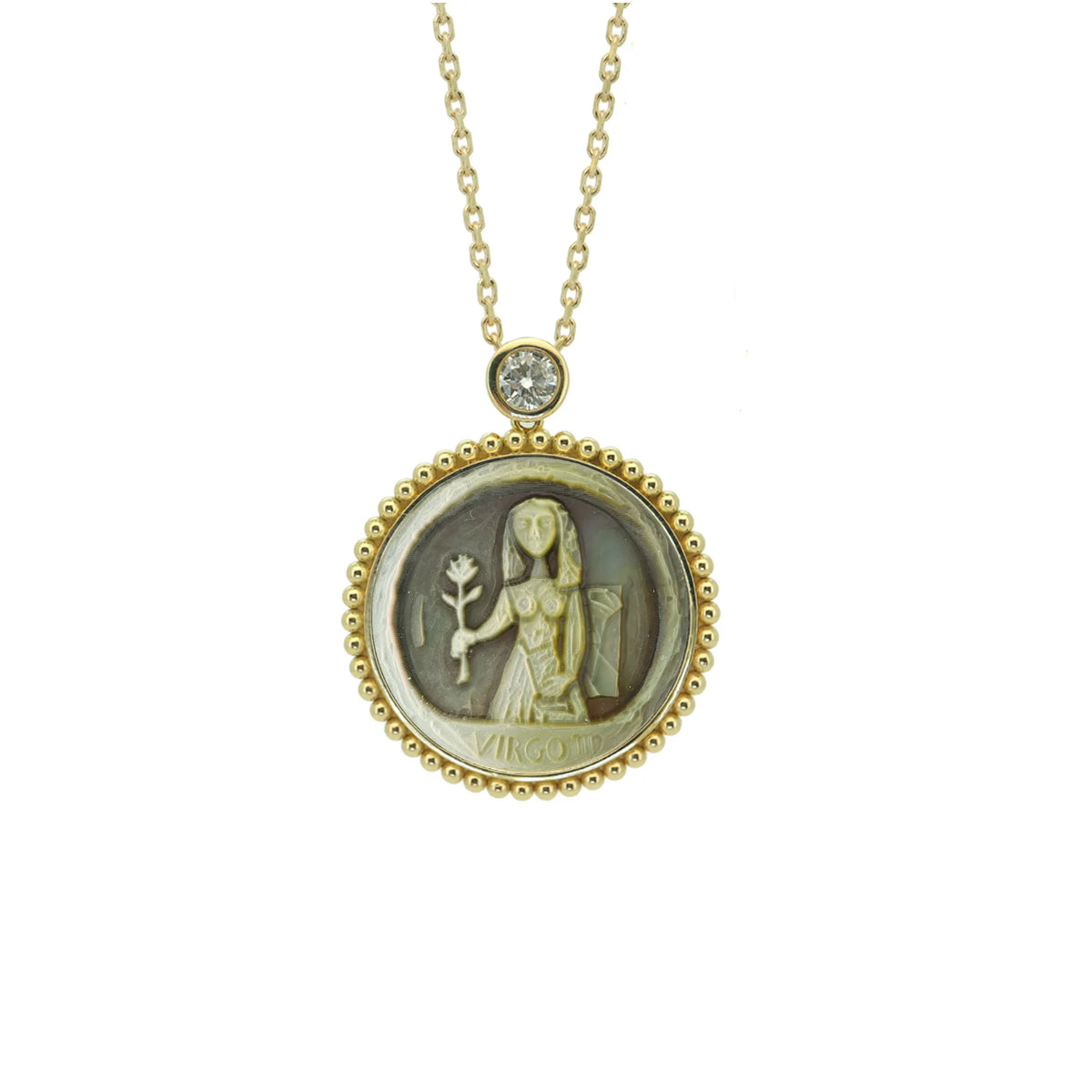 Virgo Mother-of-Pearl Zodiac Necklace — Avant-Garde Abstract Style, Beaded-Edge Pendant