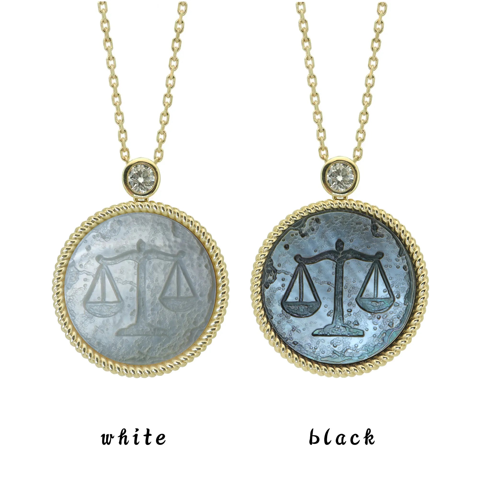 Two Libra zodiac pendant necklaces with carved black and white mother-of-pearl inlay on white background by Celestial Creations.
