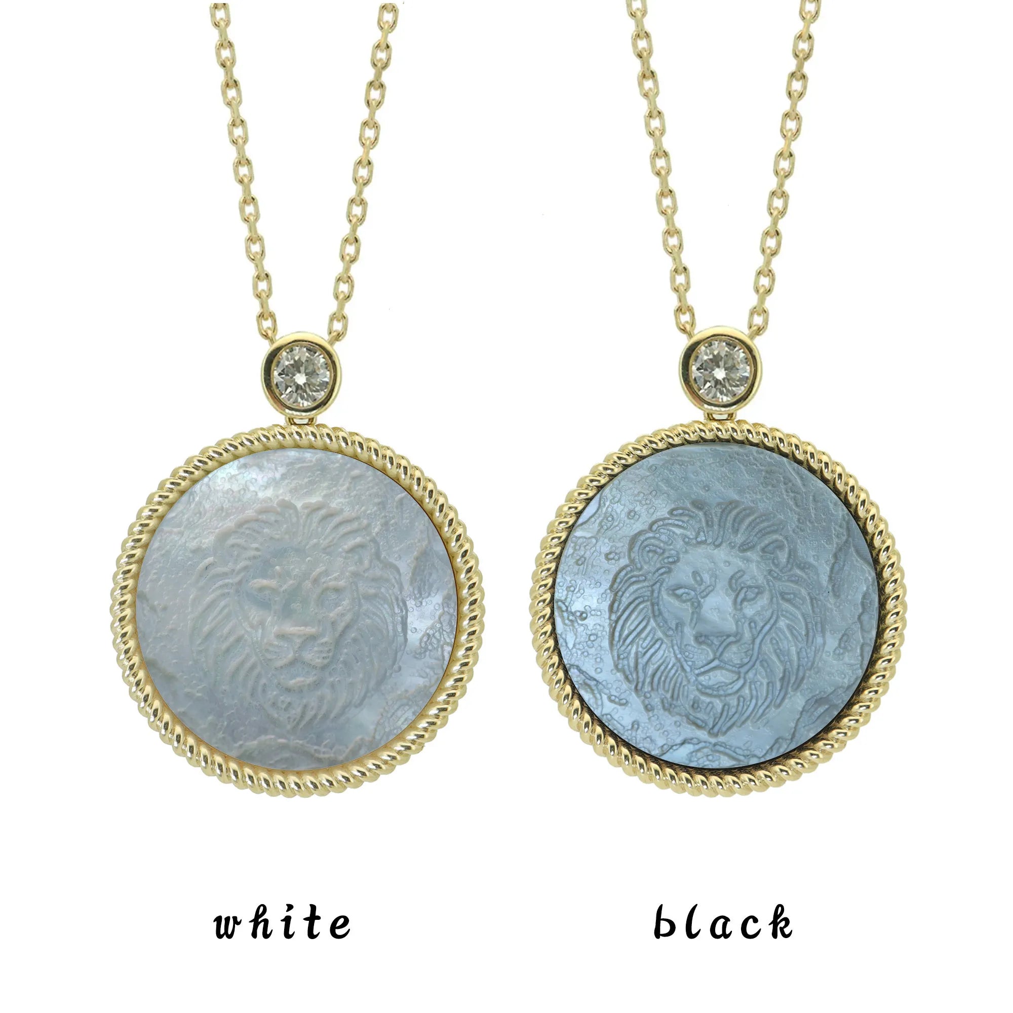 Two Leo zodiac pendant necklaces with carved black and white mother-of-pearl inlay on white background by Celestial Creations
