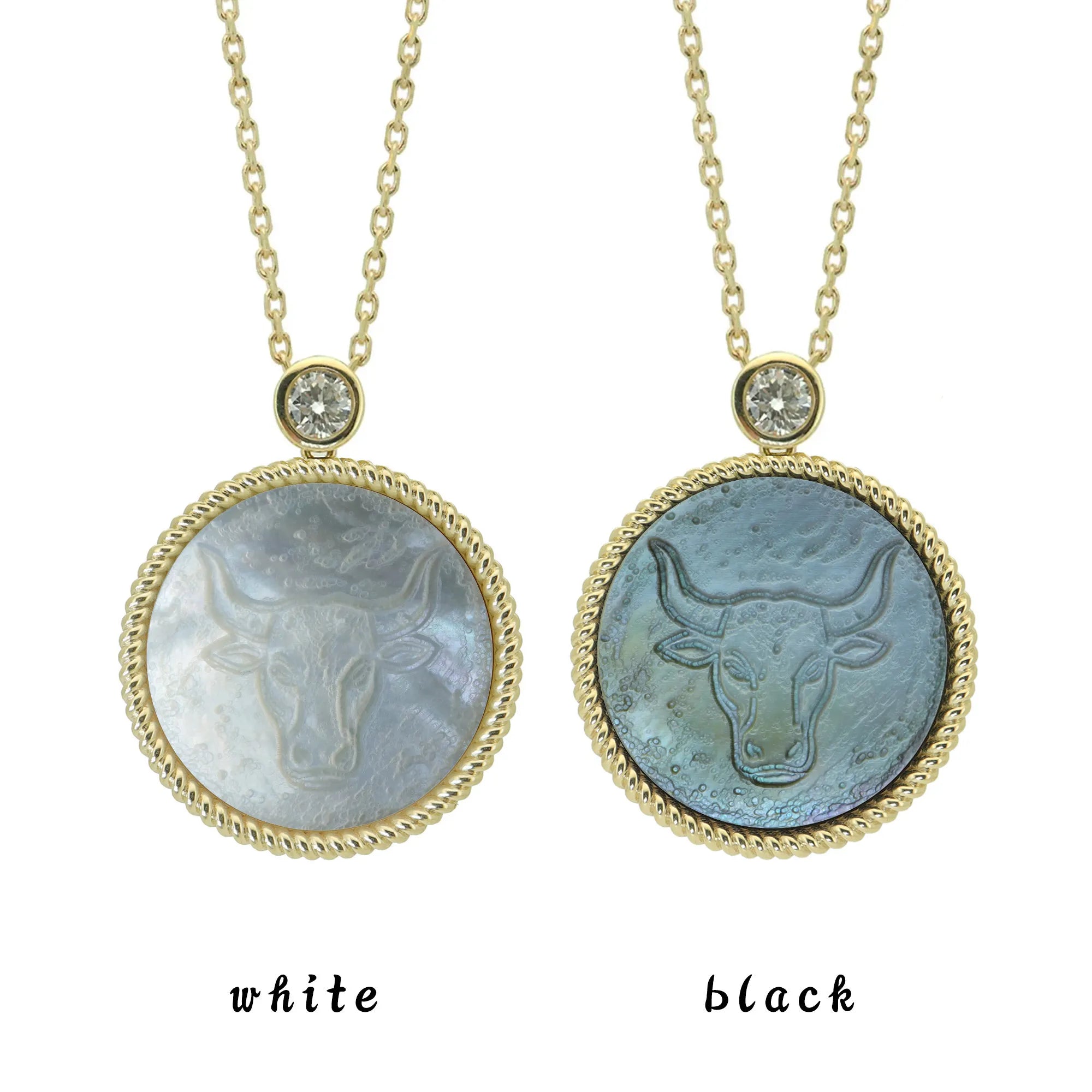 Two Taurus zodiac pendant necklaces with carved black and white mother-of-pearl inlay on white background by Celestial Creations.