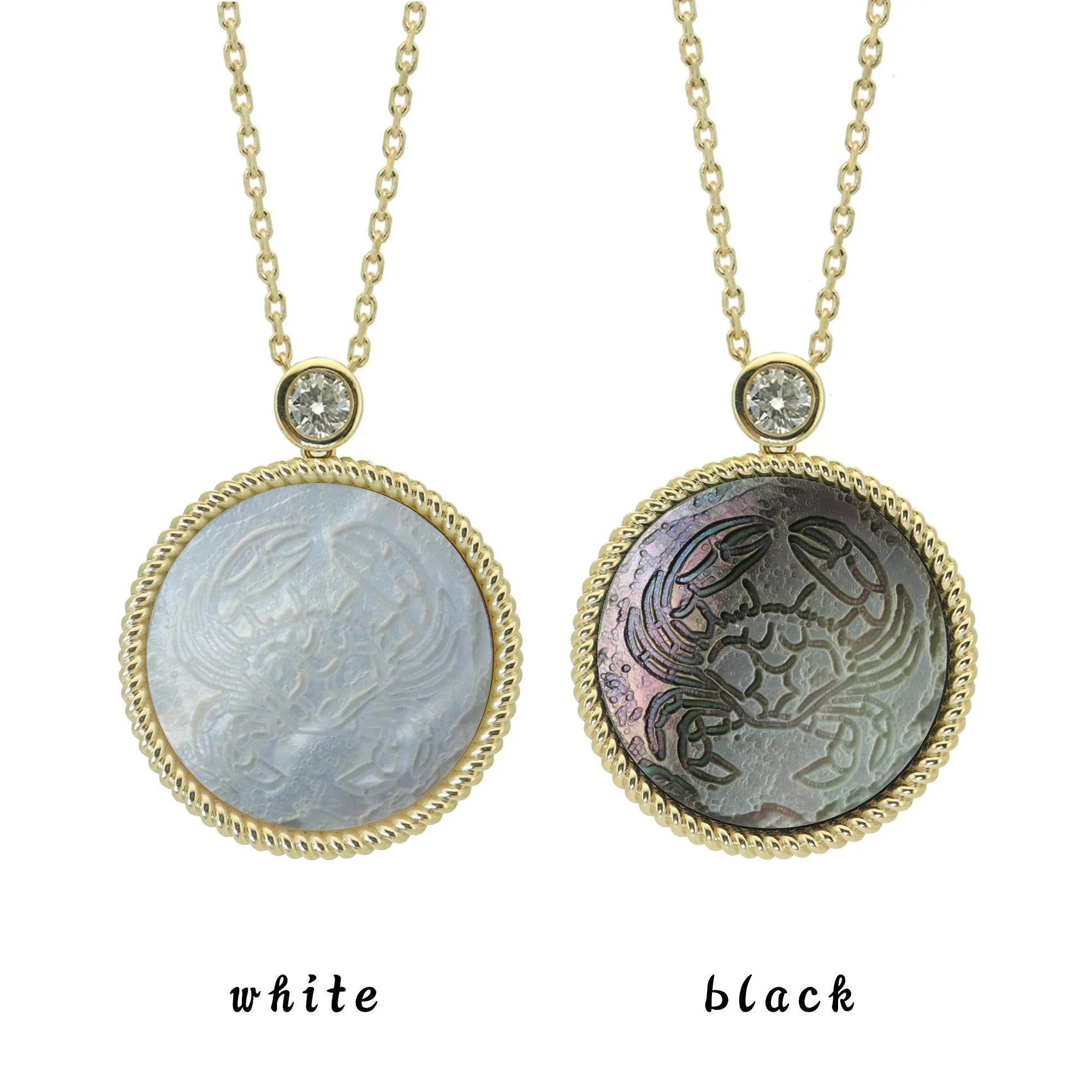 Two Cancer zodiac pendant necklaces with carved black and white mother-of-pearl inlay on white background by Celestial Creations.
