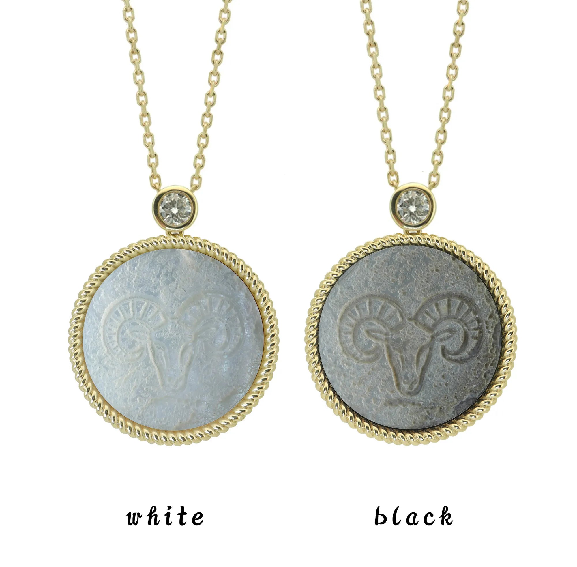 Two Aries zodiac pendant necklaces with carved black and white mother-of-pearl inlay on white background by Celestial Creations.